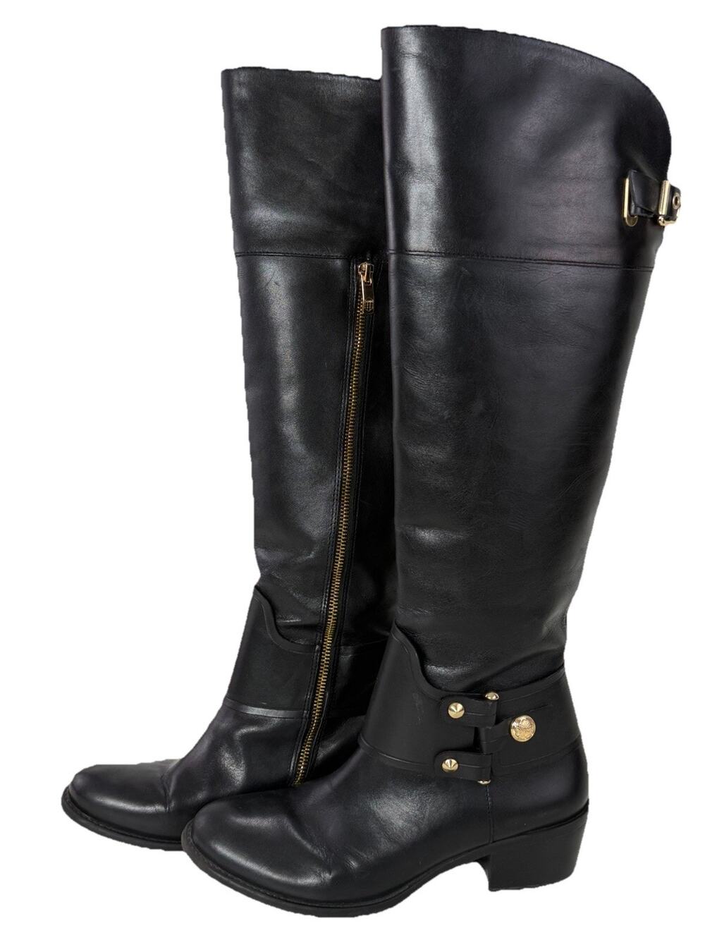 Vince Camuto Brooklee Over The Knee Boot 9B Black Riding Gold Buckle Zip VGUC